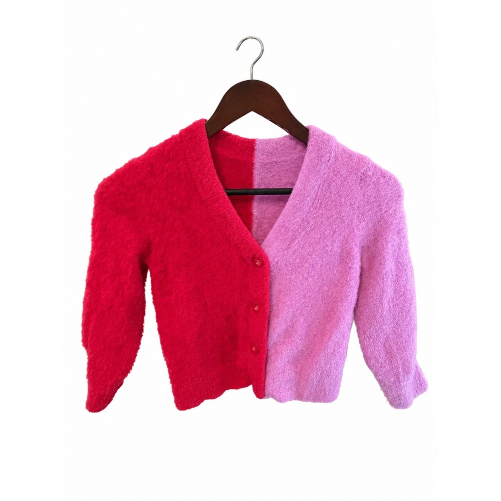 Hanna Andersson Cardigan Toddler Size 5 Red Pink EUC Fuzzy Colorblock V-Neck